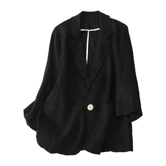 YDFCWXW Women's Blazer Spring and Autumn Casual Cotton and Linen Jacket Retro Solid Color 3/4 Sleeve Blazer Black, XL
