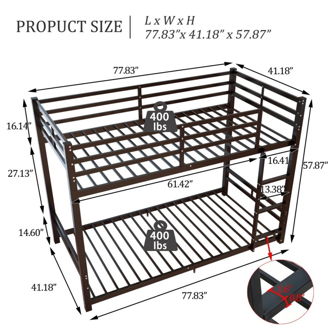 Twin Over Twin Metal Bunk Beds, Heavy Duty Bed Frame with Safety Guardrail & Ladder, 19 Bed Slats, Low Profile Bunk Bed for Kids & Adults, Matt Black