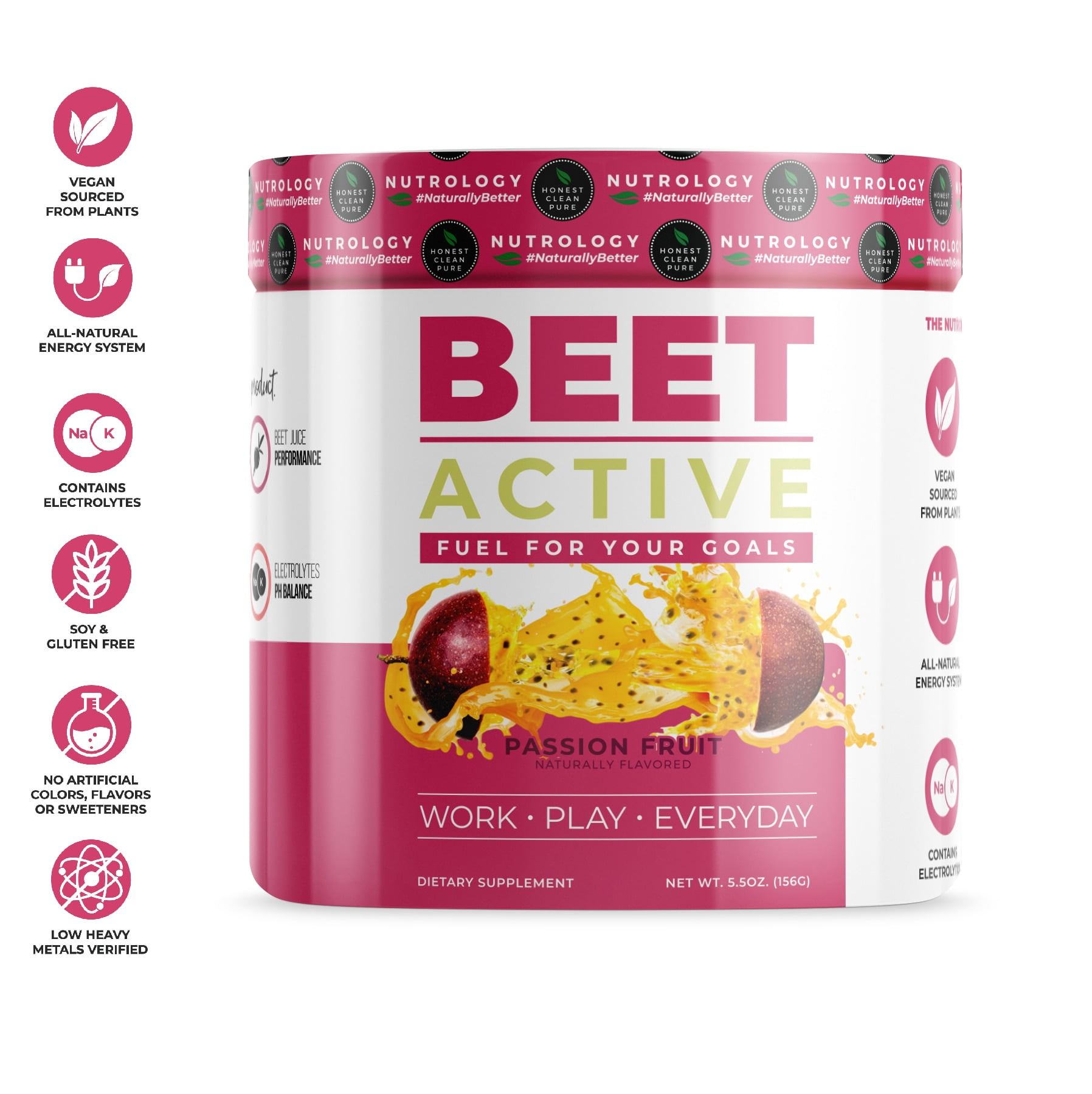 Nutrology Beet Active Vegan Pre Workout Tub Passion Fruit 30 Servings