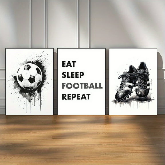 3pcs Frameless Soccer Canvas Posters - "Eat Sleep Football Repeat" Quote, Black & White Football & Boots Art Prints for Man Cave, Living Room, Bedroom Decor, Soccer Room Decor|Motivational Quote Pos