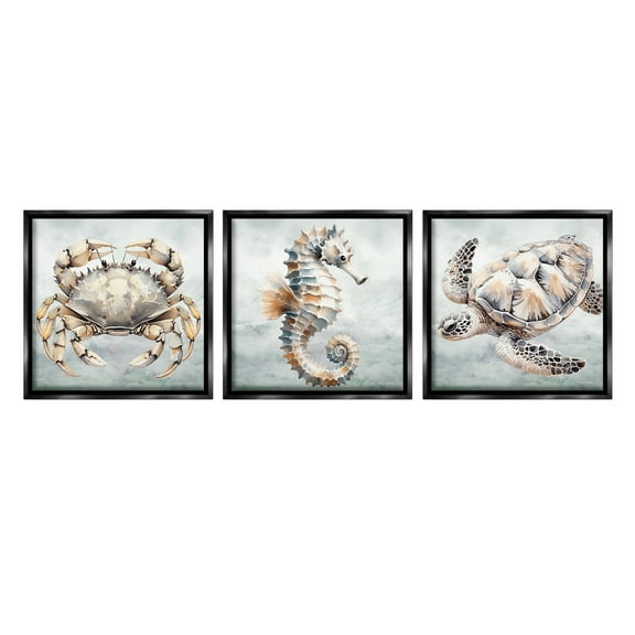 Stupell Industries Traditional Marine Life Animals & Insects Painting Black Floater Framed Canvas Art Print Wall Art, 18 x 18, Set of 3