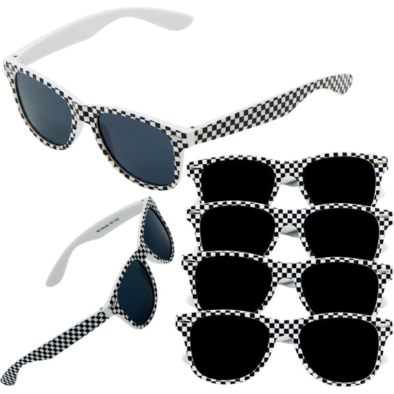4E's Novelty 6 Pack Kids Checkered Sunglasses w/ UV400, Race Car Theme Bulk Party Favors for Boys & Girls