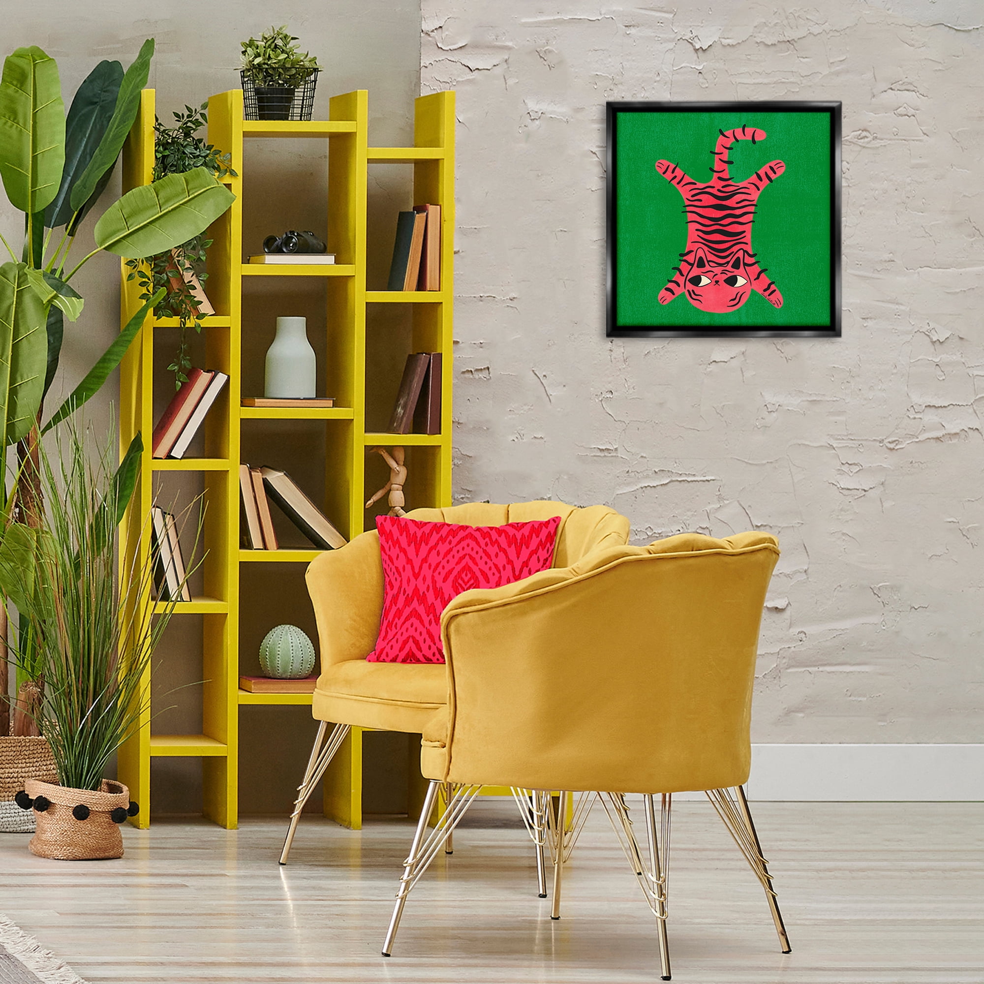 Stupell Industries Funky Retro Cat Pink Animals Painting Black Floater Framed Canvas Art Print Wall Art, 18 x 18