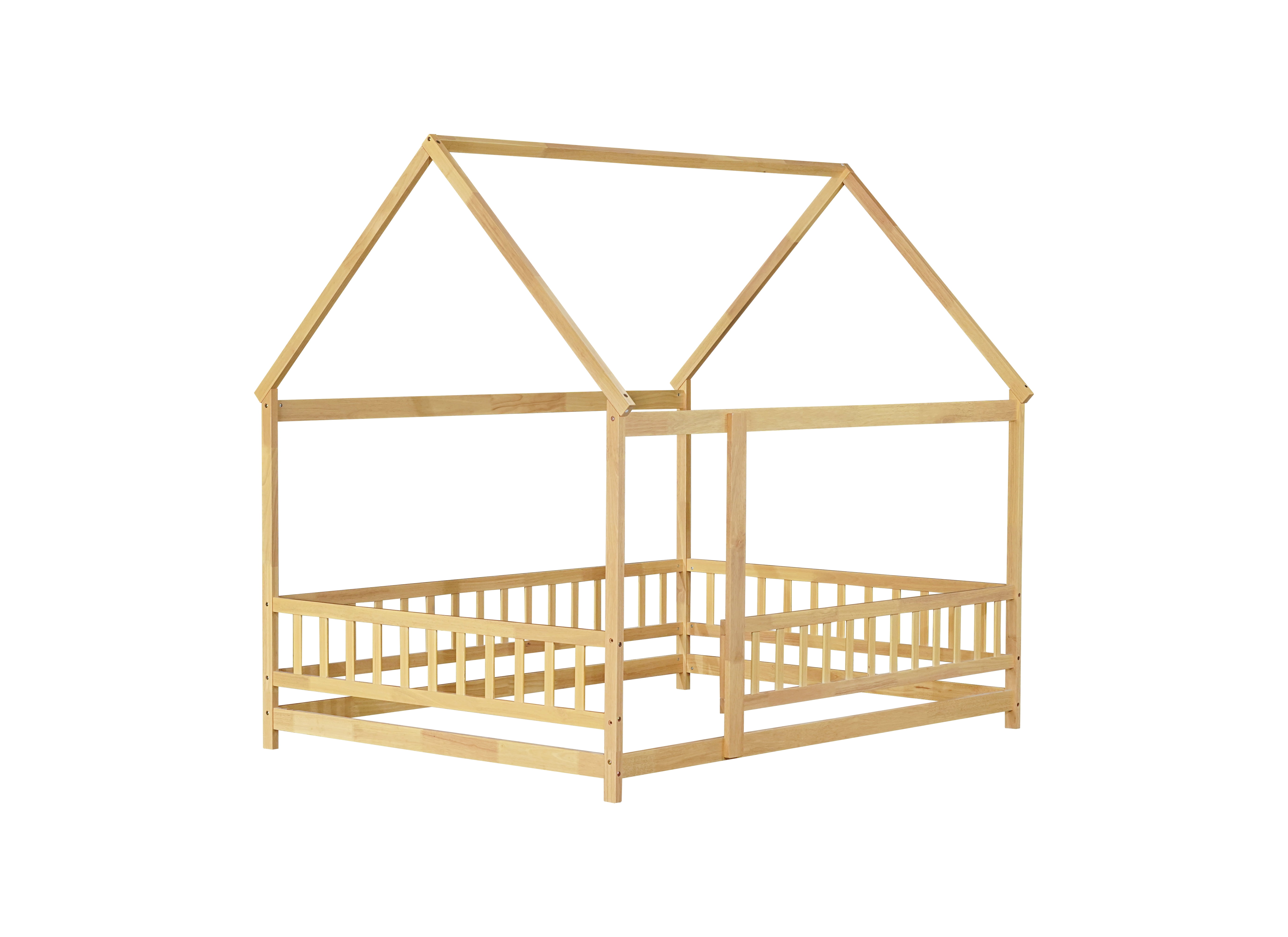 Sailvan Full Size House Floor Wooden Bed with Roof Frame, Safety Guardrails