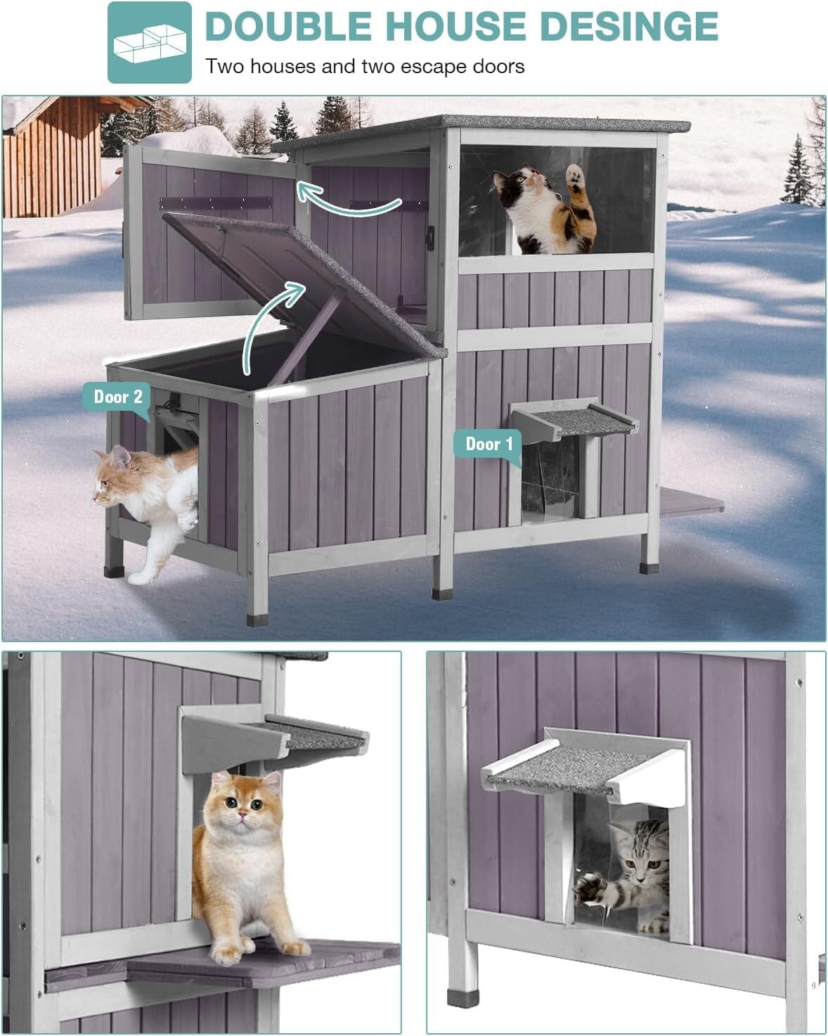 MEDEHOO Outdoor Cat House Weatherproof, Two-Story Wooden Cat Shelter with Escape Door, PVC Curtains, Removable Floor & Waterproof Roof, Raised Outside Cat House for Feral Cats