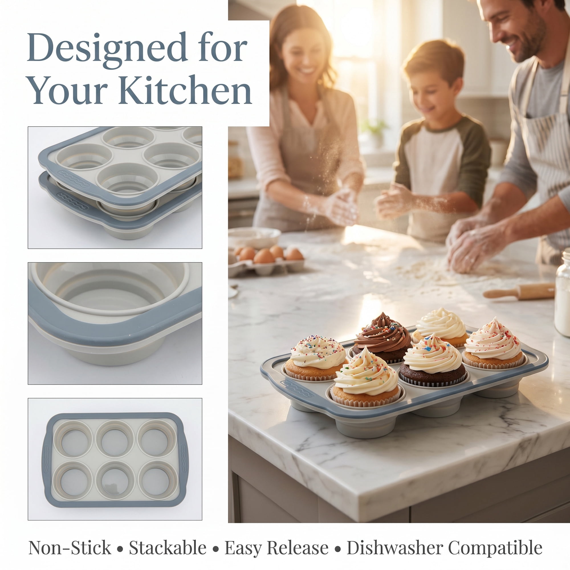 Unique Bargains 12-Cup Nonstick Silicone Muffin-Pan with Steel Rim Gray 10.2"x6.9"x1.3"