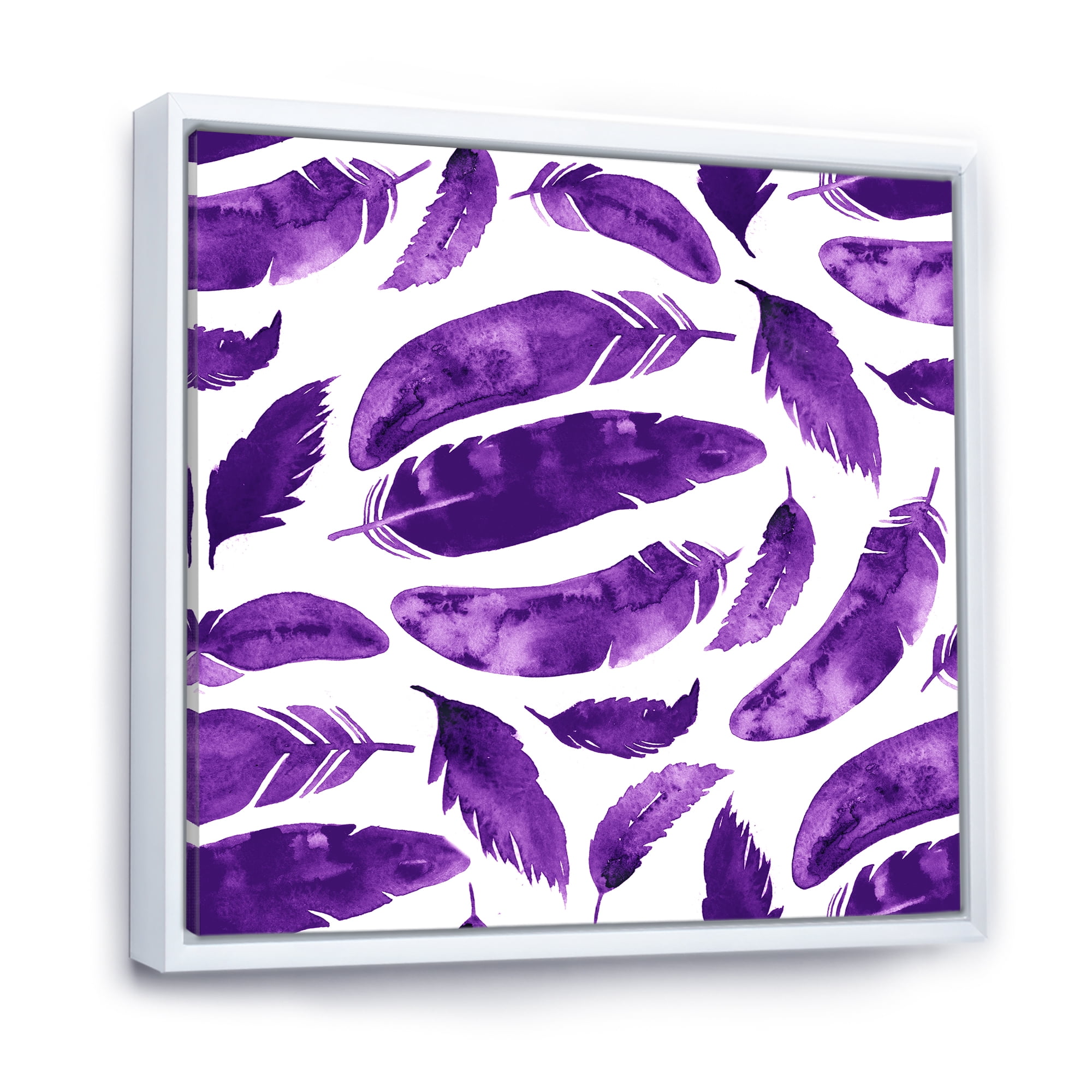 Designart 'Ethnic VIolet Feathers On White' Bohemian & Eclectic Framed Canvas Wall Art Print