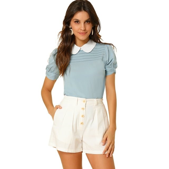 INSPIRE CHIC Hauts à Manches Courtes Bouffantes pour Femmes à Col Peter Pan