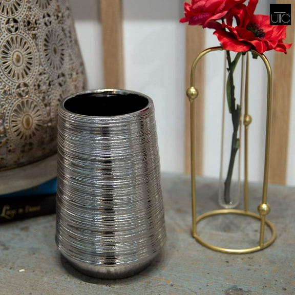 Lynde Combed Electroplated Metallic Vase, Decorative Modern Flower Vase for Home Décor, Living Room & Tabletop (Size- 5.75" D × 5.75" W × 8.50" H, Gold)