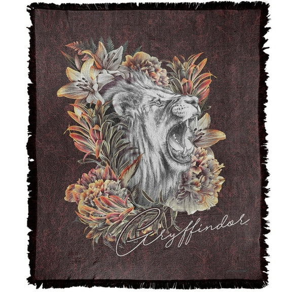 Harry Potter Blanket, 50"x60" Floral Lines Gryffindor Woven Tapestry Cotton Blend Fringed Throw Blanket