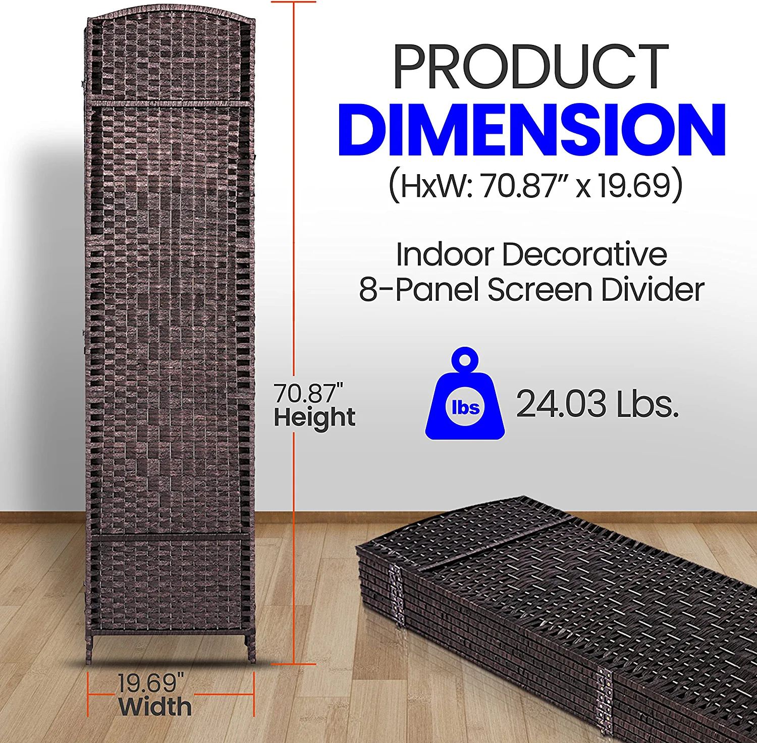 Indoor Decorative 8-Panel Screen - Freestanding Wide Room Divider, Double Side Woven Fiber Divider, Better Privacy Screen