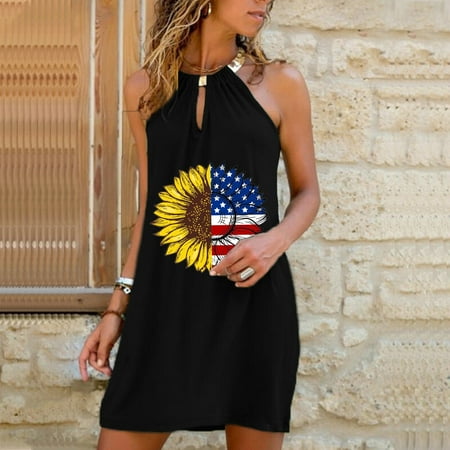 

Hvyesh Womens Summer Dresses 2023 Casual Patriotic Long Dress 4th of July Graphic Crewneck Sundresses Spaghetti Strap Sleeveless Breezy Dresses Black