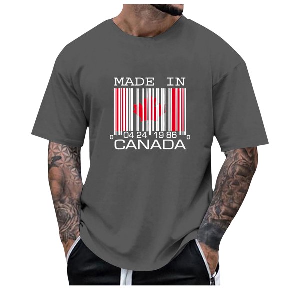 LUOGENLI Male T-shirts for Mens Men's Summer Fashion Canada National Day Partial Printed T Shirt Mens T-shirts Graphic Tees Vintage Summer Clothes Mens T-shirts Graphic Tees Summer Clothes Grey XL