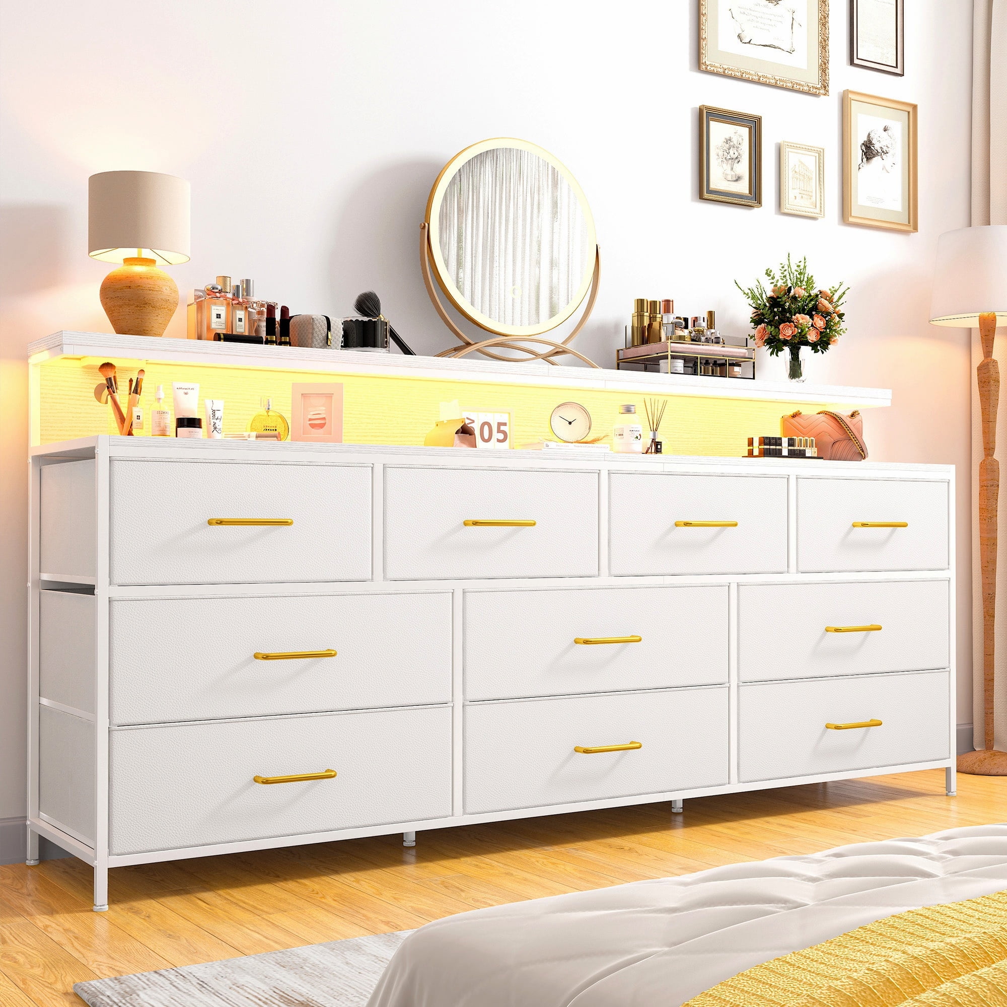 EnHomee White 55"Long Dresser for Bedroom 10 Drawers LED Dresser with charging station Fabric Dressers & Chests of Drawers,11.6"W x 55"L x 31.5"H