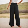 thumbnail image 3 of Pantalones casuales de pierna recta para mujer: bolsillos laterales, mezcla de lino, para todas las estaciones, vacaciones/uso diario, cintura elástica, fácil cuidado., 3 of 6
