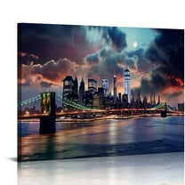 COMIO Canvas Wall Art Print City New York 20x16 in - 1pcs Home Decor Framed Stretched Picture Photo Painting Artwork Image Skyline Skyscrapers Panorama Night