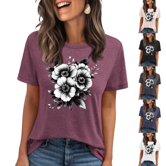 Pxxlle Womens Summer Casual T Shirts Loose Fitted Round Neck Tshirts Fashion Flower Graphic Tees Short Sleeve Beach Vacation Going Out Tops (White S)