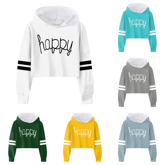 WAYUTE Girls Sweatshirt Children Letter Graphic Hoodies Stripe Long Sleeve Cropped Sweatshirt for Big Kids Fall Fashion Casual Holiday,White,Size 10-12 Y