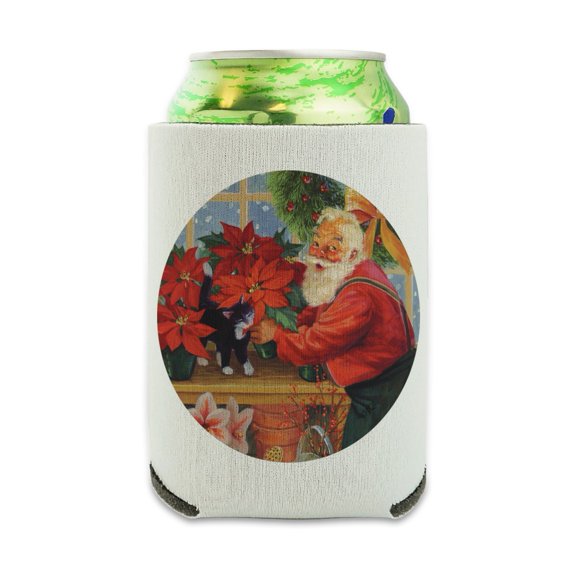 Christmas Holiday Santa in the Greenhouse Can Cooler - Drink Sleeve Hugger Collapsible Insulator - Beverage Insulated Holder