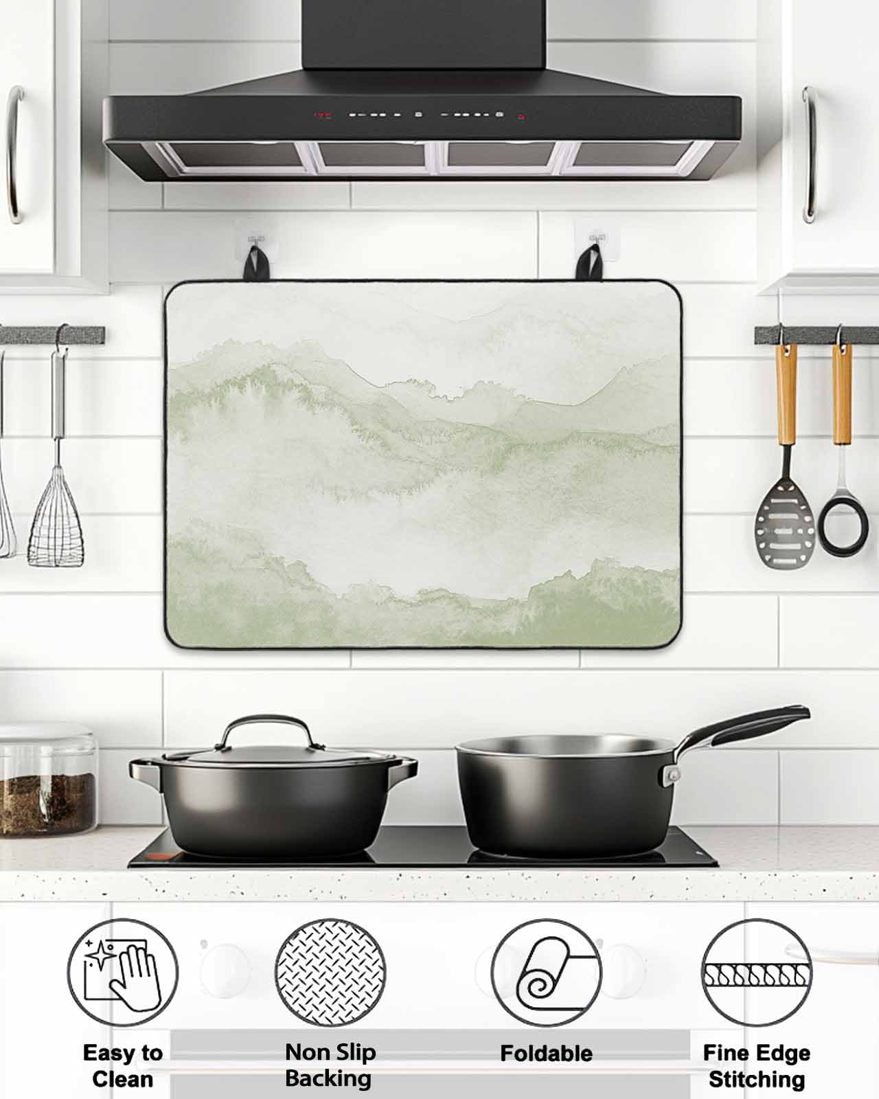 Stove Top Covers for Electric Stove, Sage Green Ombre Mountain Glass Stovetop Cover Protector, Nature Abstract Art Marble Induction Cooktop Protector Oven Mat for Kitchen Countertop 24"x21"