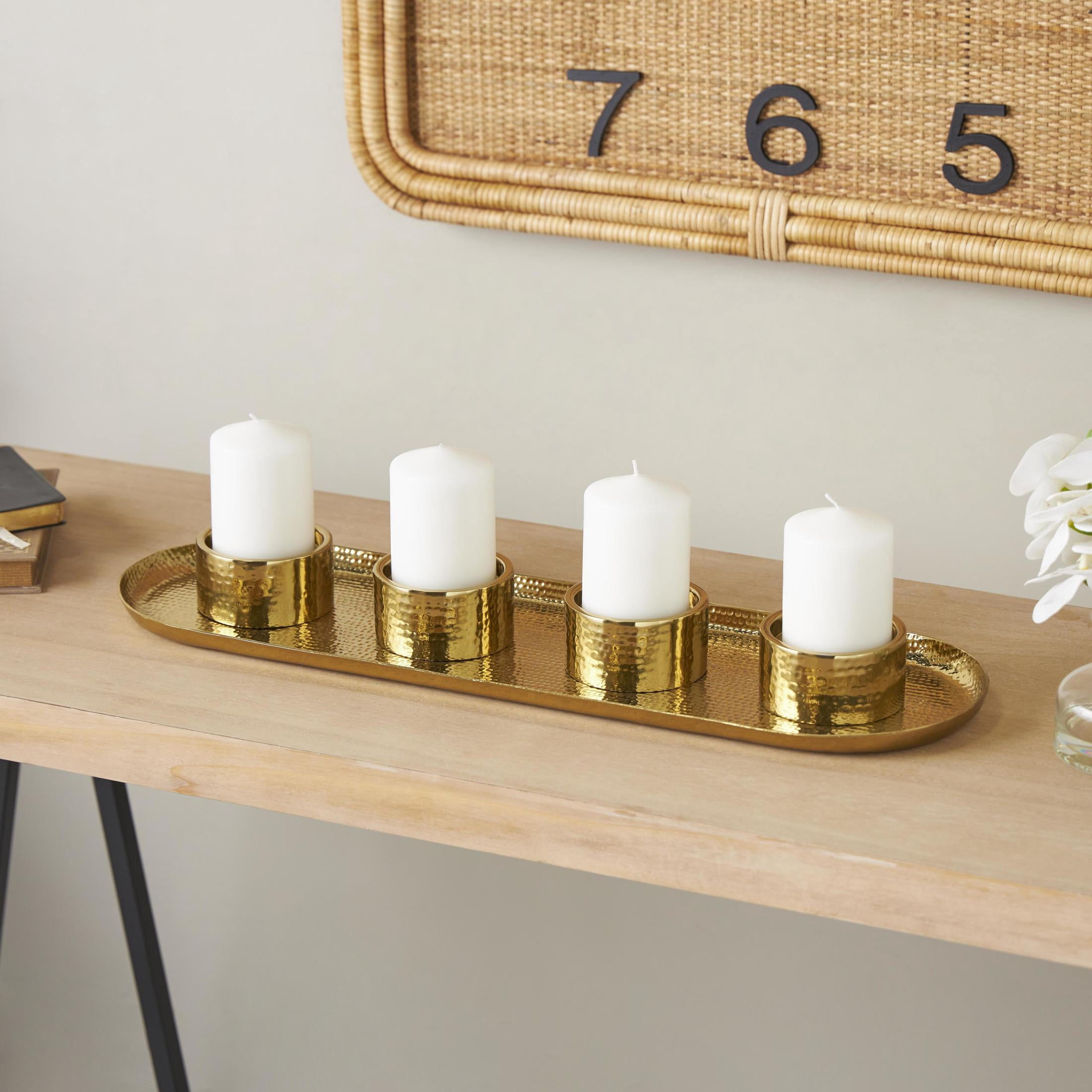 DecMode 4 Holder Gold Stainless Steel Metal Candelabra with Attached Tray
