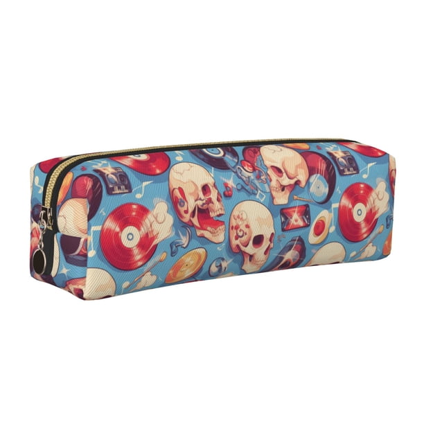 Disketp music Skull record Retro Estuche de Lápices de Cuero con Cierre, Estuche Compacto para Papelería, Bolígrafos y Accesorios Pequeños