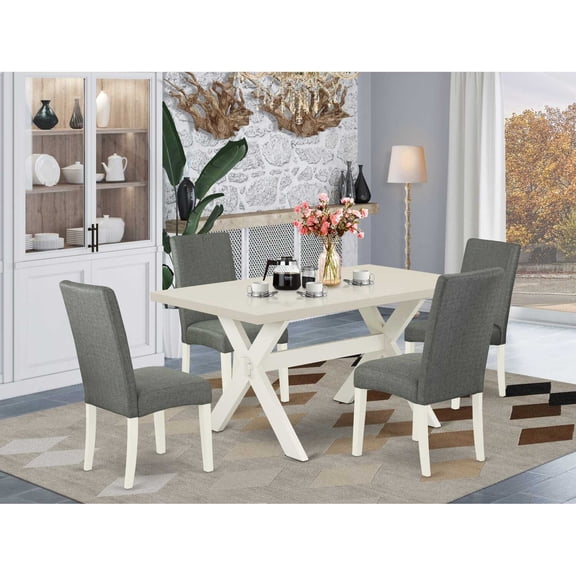 East West Furniture V-Style 7-piece Dining Set w/ Linen Seat in Khaki Brown