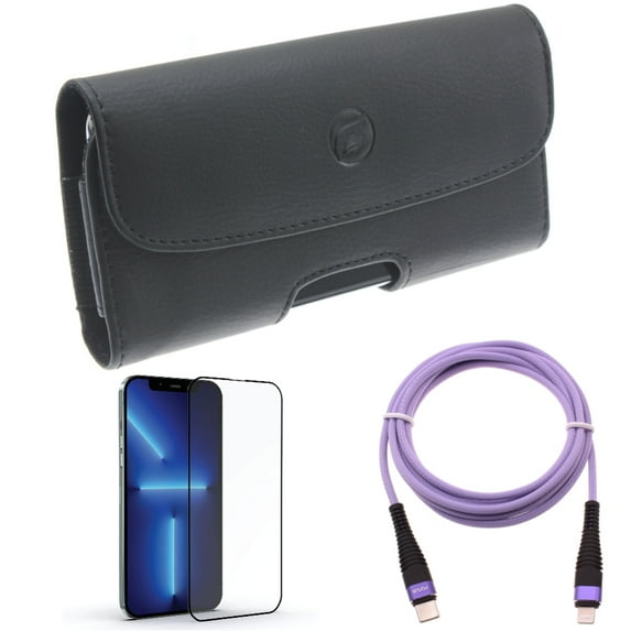 Screen Protector & Purple 10ft PD Cable & Case Belt Clip for iPhone 13 Pro Max ONLY - Anti-Glare Tempered Glass Matte + USB-C Extra Long Cord Fast Charger + Leather Holster Cover Combo