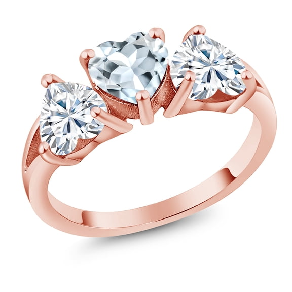 Gem Stone King 18K Rose Gold Plated Silver 3-Stone Ring Heart Shape Sky Blue Aquamarine and Moissanite (2.33 Cttw, Size 7)