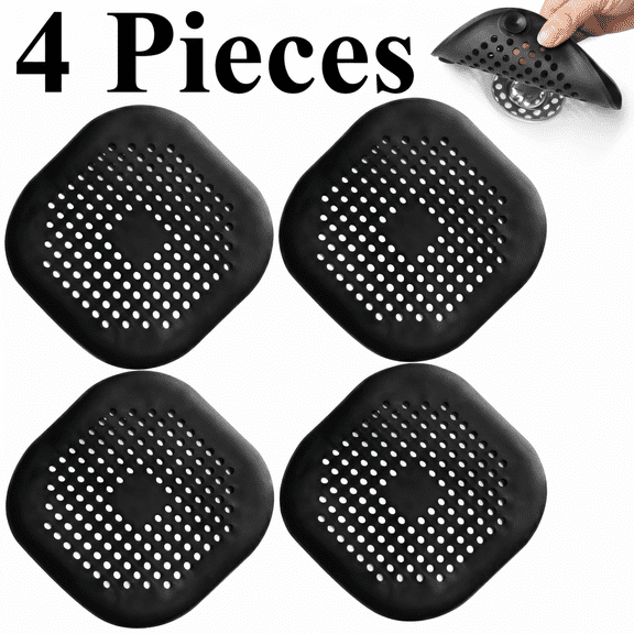 4 Pcs Drain Hair Stopper Covers, Bathtub Shower Drain Protectors with Suction Cups, Water Trap Sink Cover for Home Bathroom Kitchen, Black