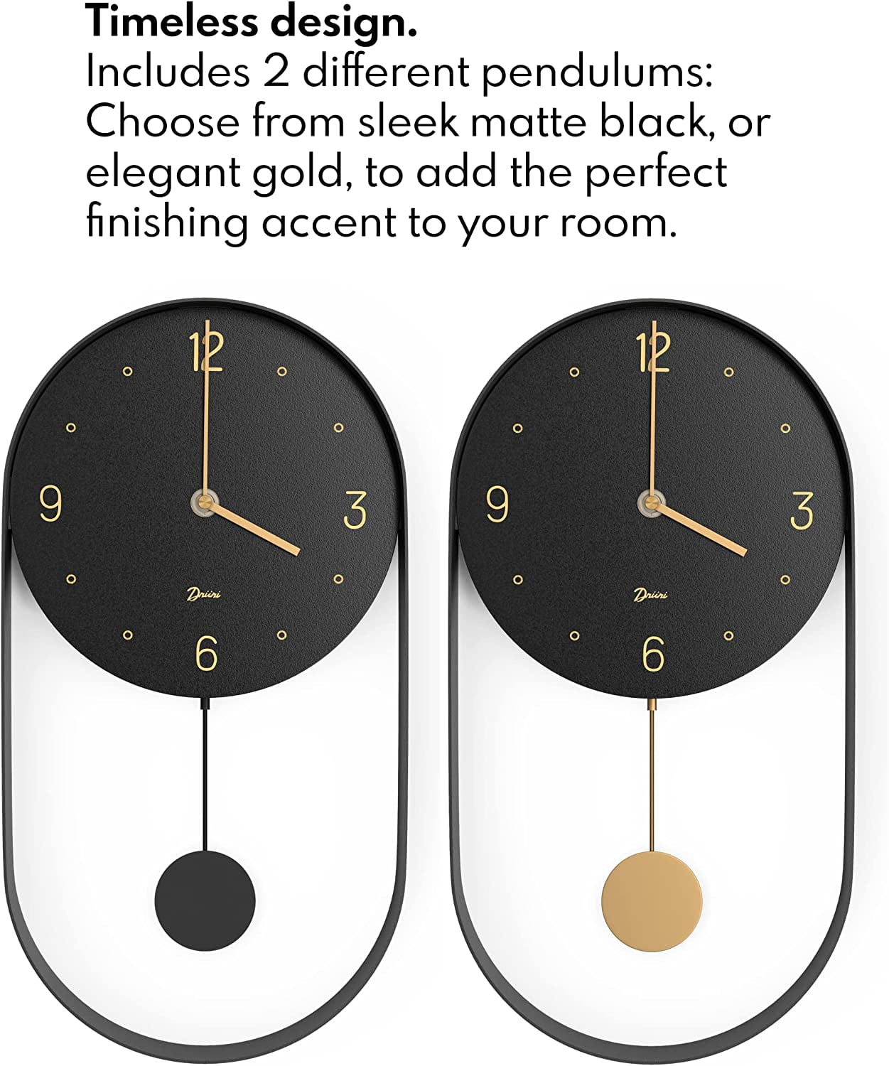 Driini Modern Pendulum Wall Clock - Decorative and Unique Metal Frame, with 8 Inch Face - Contemporary, Minimalist Design, with Silent Battery Operation - Includes Both Black and Gold Pendelum