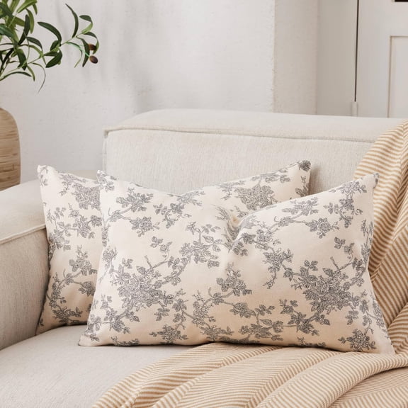 100% Cotton French Pastoral Lumbar Throw Pillow Covers Set of 2, 12x20 Inch Black Farmhouse Decorative Cushion Covers for Sofa Bed Living Room Home Decor