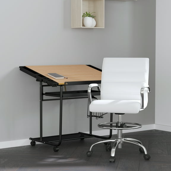 Merrick Lane Faux Leather Mid-Back Adjustable Foot Ring and Upholstered Swivel Drafting Chair, White