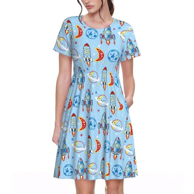 Disketp Cartoon Rocket With Space para Vestido de Manga Corta para Mujeres, Vestidos de Verano para Mujeres, Casual y Holgado para la Playa