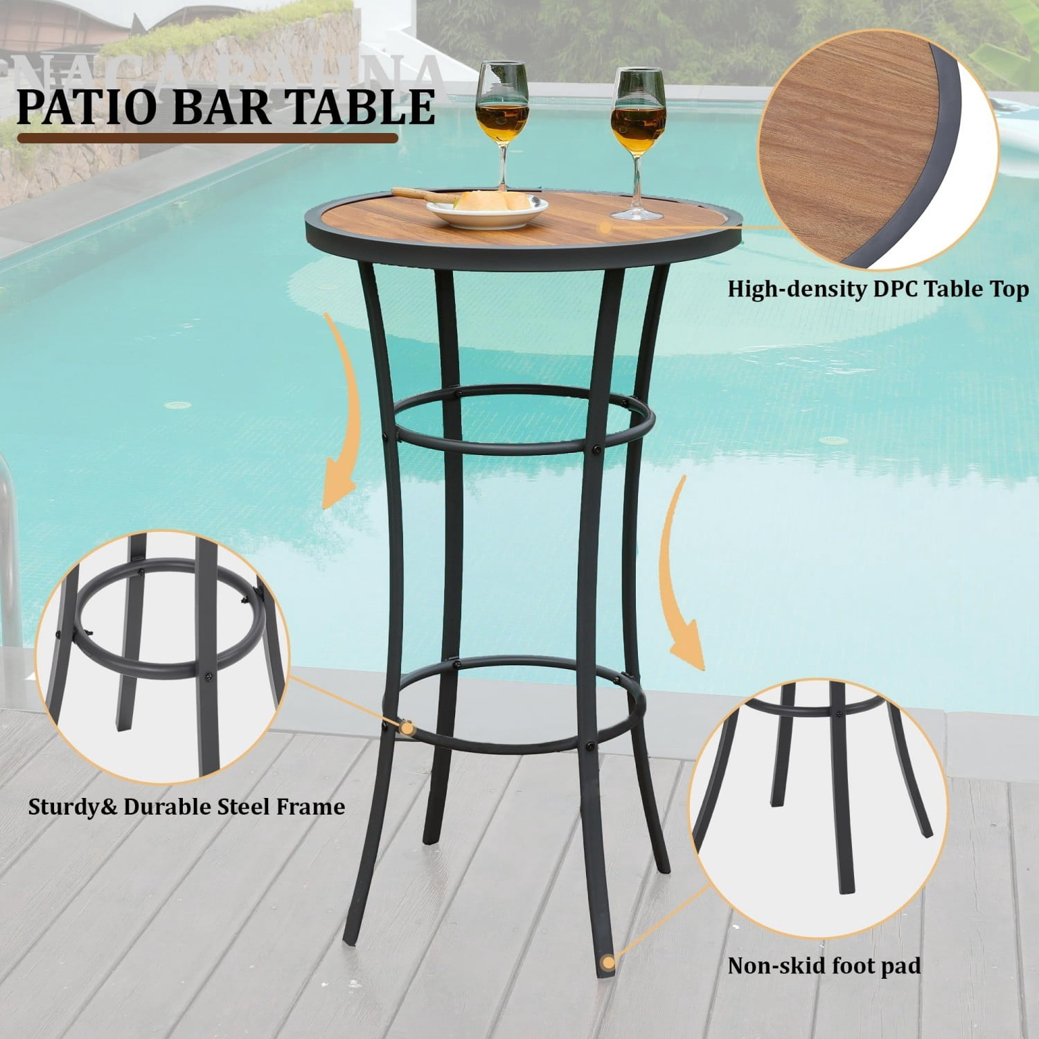 Bar Height Patio Table 40 Inch, Outdoor Bistro Pub Table with Wood-Like Top & Metal Frame, Round High Top Table for Patio Deck Balcony, Brown