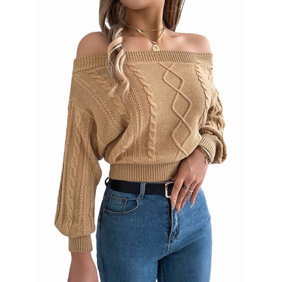 Womens Off the Shoulder Sweater Solid Cable Knitted Pullover Jumper Top Casual Long Sleeve Cropped Sweaters Khaki S