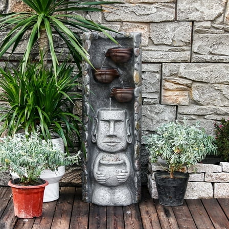 Water Feature Fountain Outdoor Indoor Zen Statue Garden Fountains Waterfall Curved Faux Slate Water Wall with LED Lights and Plant Pot for Yard Deck Lawn Balcony Home 37.4''H