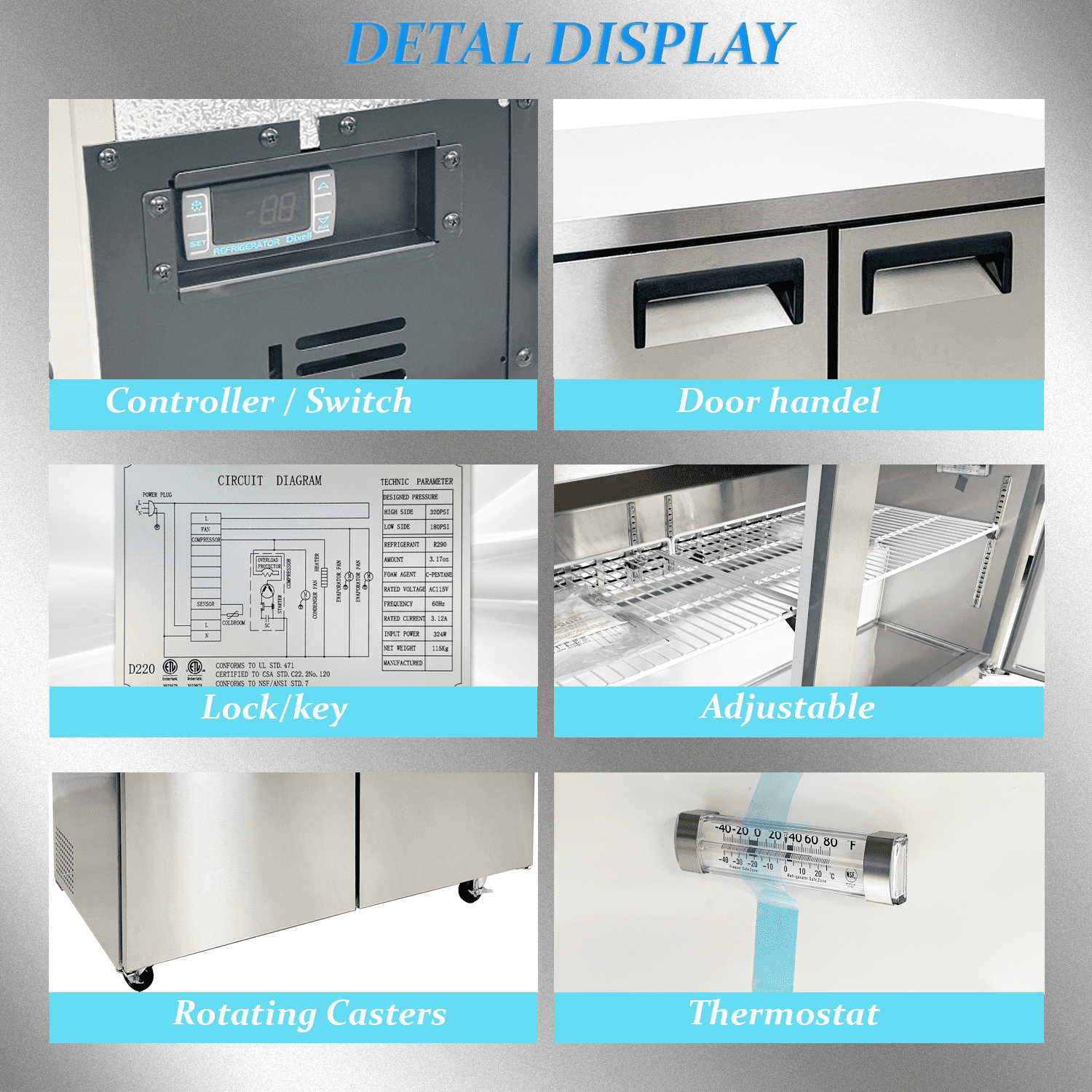 Cooler Depot 60 inch 9.55 cu.ft, 35 1/2" heigh Commercial Undercounter  refrigerator, 2 Solid Doors, Stainless steel exterior, NSF certified.