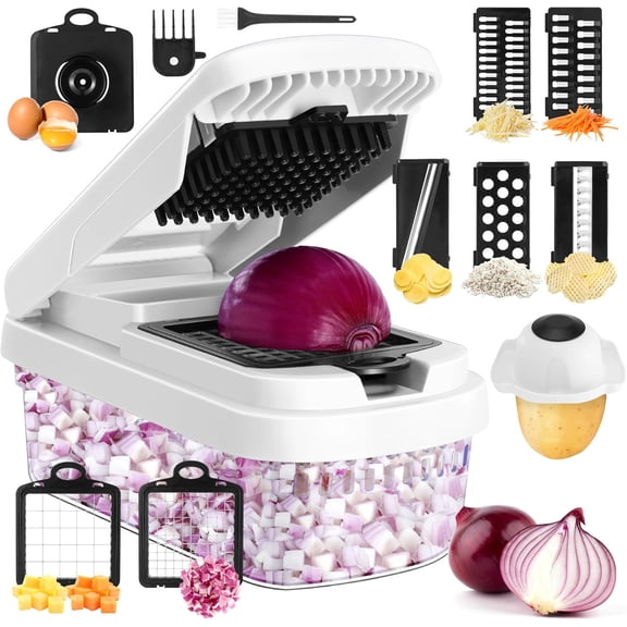 Professional 12-in-1 Vegetable Chopper with 7 Stainless Steel Blades - Multifunctional Food Chopper for Dicing/Slicing Carrots, Potatoes, Onions, Garlic - Heavy Duty, BPA Free Kitchen Gadget (White)