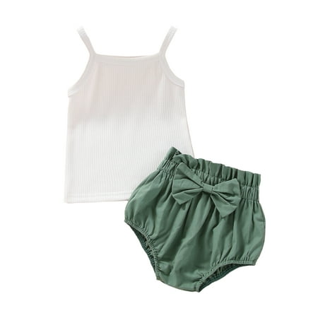 

Frobukio Infant Baby Girls 2Pcs Clothes Sets Spaghetti Straps Ribbed Camisole Matching Elastic Waist Shorts White Green 12-18 Months