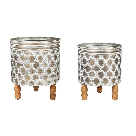 Evergreen Embossed Metal Planter with Wood Legs, Set of 2