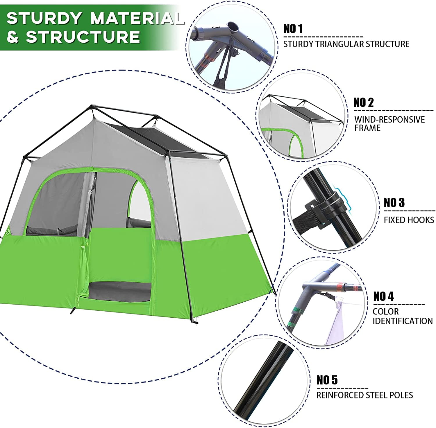 HIKERGARDEN 6 Person Camping Tent - Portable Easy Set Up Family Tent for Camp, Windproof Fabric Cabin Tent Outdoor for Hiking, Backpacking, Traveling