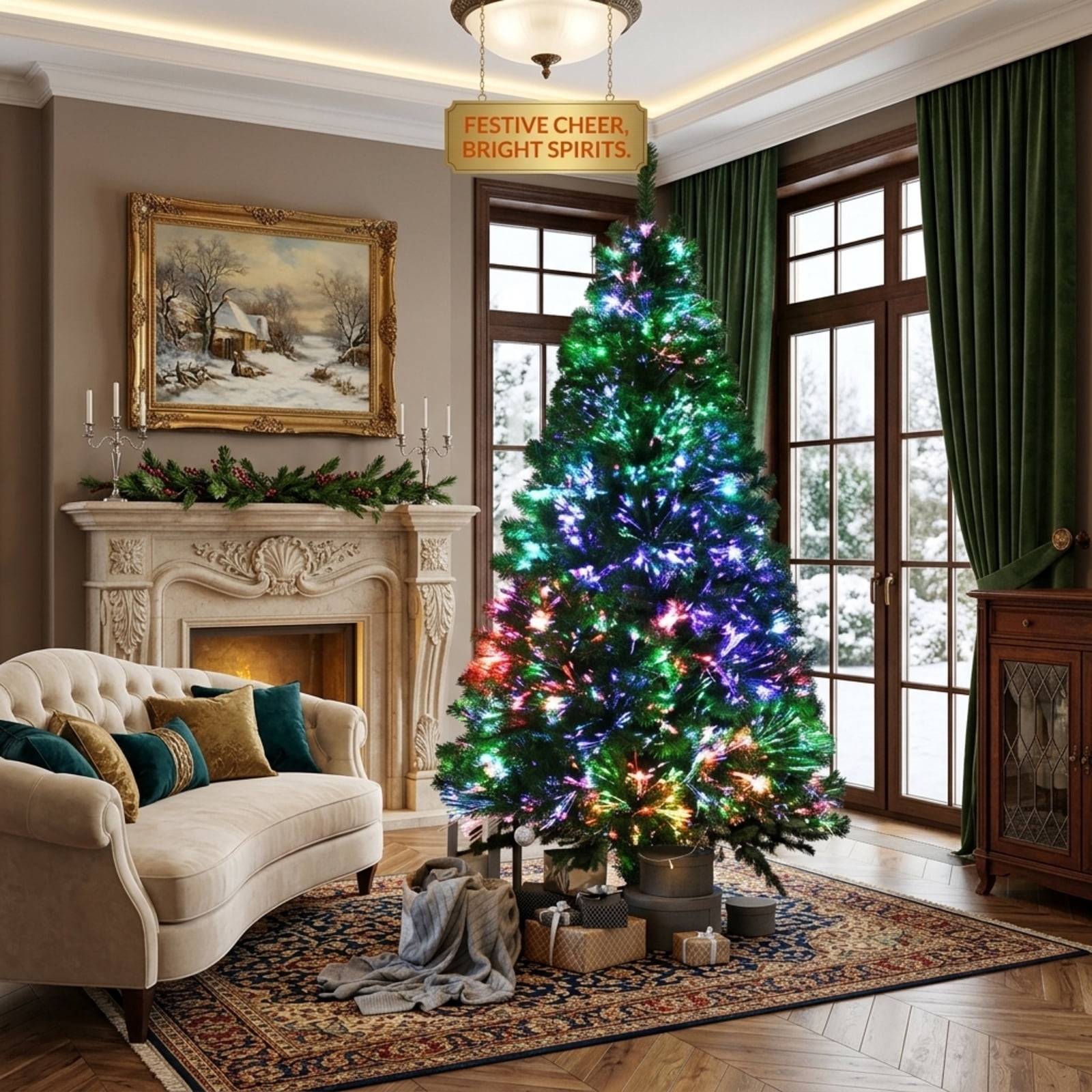 RUIE, 7 ft, Artificial Christmas Tree, with LED Fiber Optic Lights, 820 Branch Tips, Multicolor Holiday Xmas Tree for Indoor Home Office Decoration