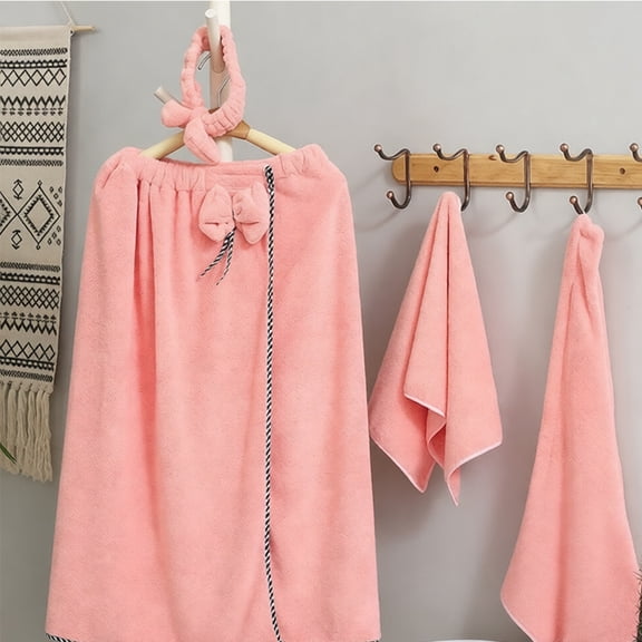 WSBArt Soft Pink 4-Piece Shower and Bath Set Includes One Bath Towel, One Hand Towel, a Dry Hair Wrap Cap and a Matching Washing Headband for Spa Routine