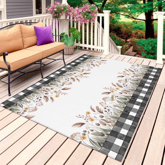 Country Flowers Outdoor Rug for Patio/Deck/Porch, Non-Slip Large Area Rug 5 x 7 Ft, Fall Rustic Floral Herbs Black Plaid Indoor Outdoor Rugs Washable Area Rugs, Reversible Camping Rug Carpet Runner