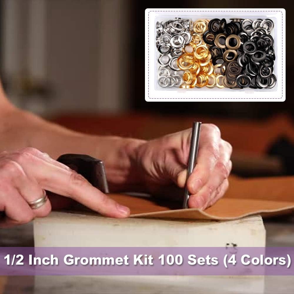 ABCISI 1/2inch Grommet Kit, 100 Sets Grommets Eyelets with 3 Pieces Install Tool Kit, 4 Colors Grommets Kit with Storage Box for Craft Making, Repair and Decoration
