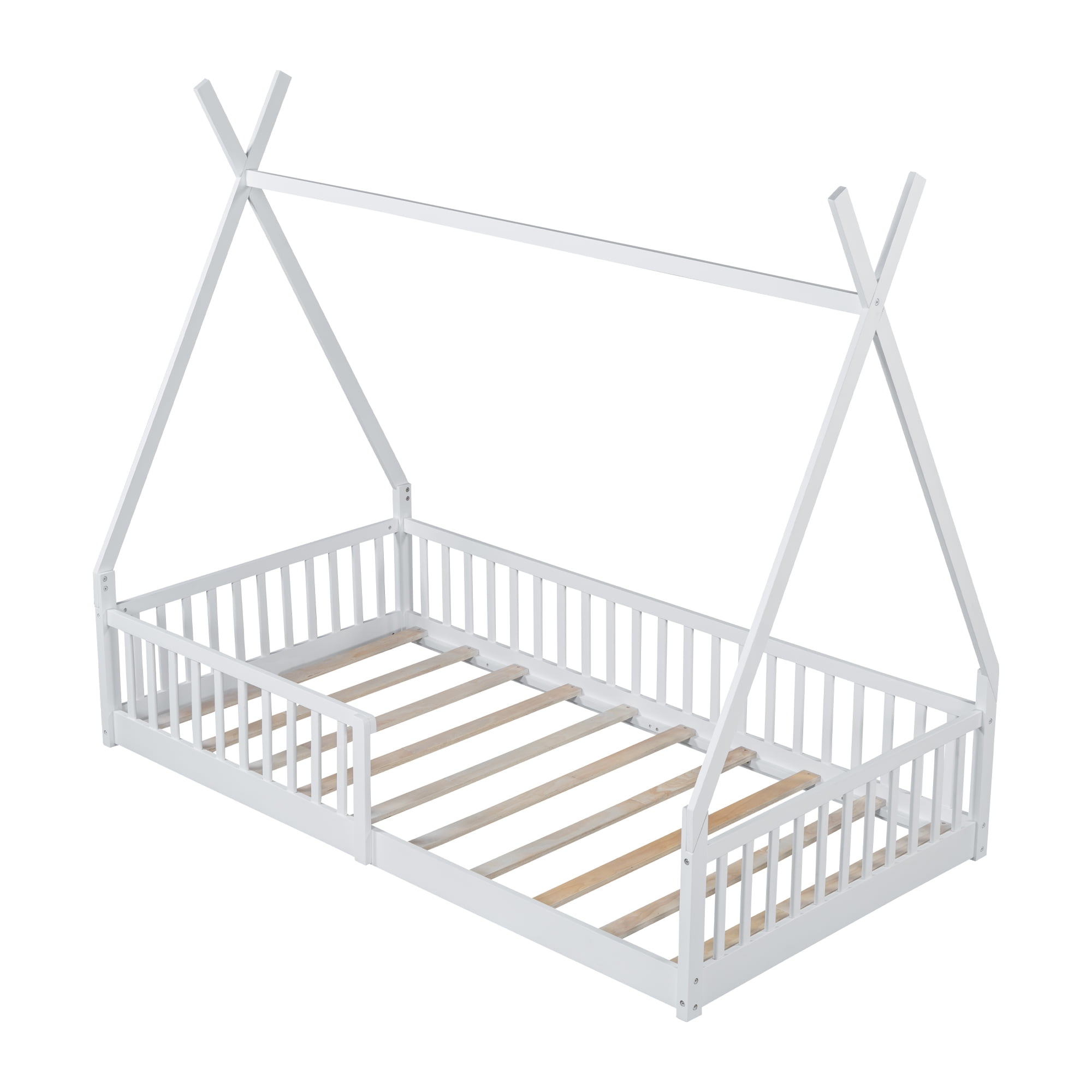 Harper & Bright Designs Floor Bed for Boys Girls, Twin Size Teepee Tent Beds, Montessori Floor Bed with Slats and Fence Rails, Wood House Bed Frame for Boys Girls, White
