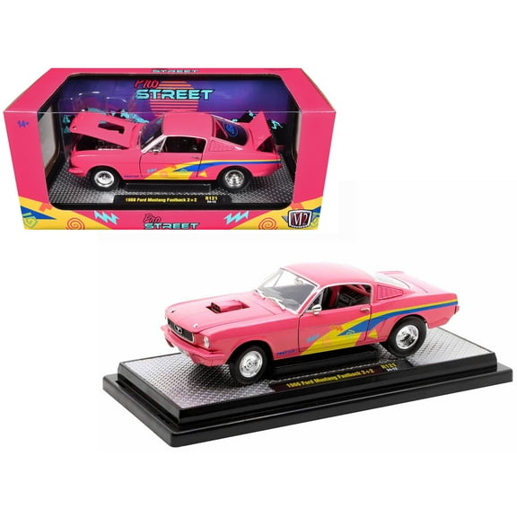 1966 Ford Mustang Fastback 2 2 Pink with Blue and Yellow Stripes "Pro Street" Limited Edition to 6250 pieces Worldwide 1/24 Diecast Model Car by M2 Machines