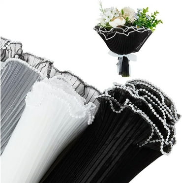1Bag 8.74 Yards Flower Wrapping Mesh Paper Black White Bouquet Packaging Paper Wrinkled Wavy Net Yarn with Pearl Edge for Mother's Day Decor Flower Florist Supplies Wedding Gift