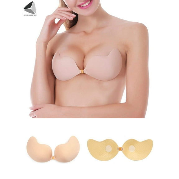 PULLIMORE Push Up Adhesive Bra Chest Gathered V Neck Silicone Bras Strapless Backless Invisible Bras (Cup C, Skin)